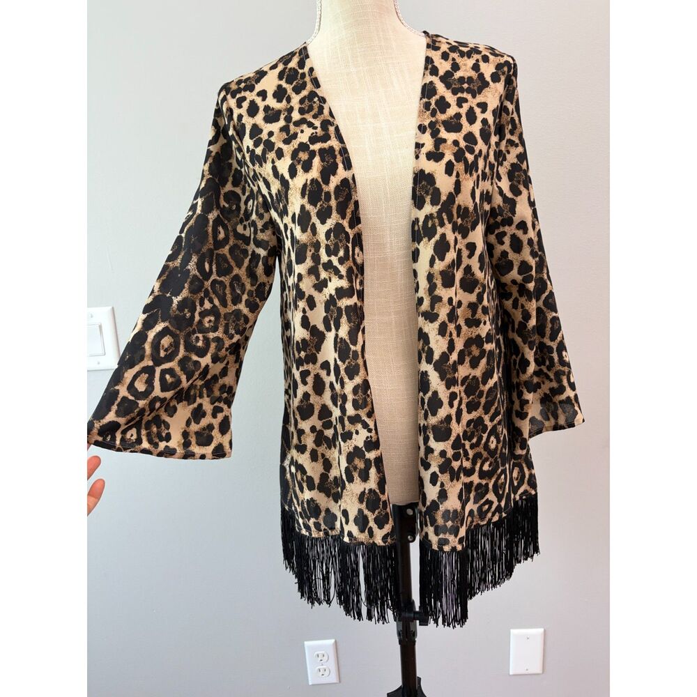 Leopard Print Fringe Kimono Cardigan Boho Cover Up Womens Medium Animal Print